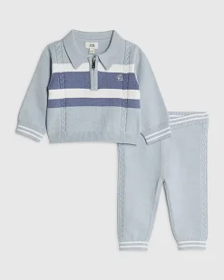 Baby Boys Blue Knitted Stripe Polo Shirt Set