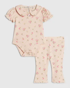 Baby Girls Pink Pointelle Floral Romper Set