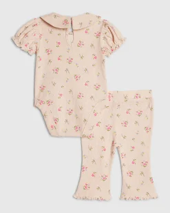 Baby Girls Pink Pointelle Floral Romper Set