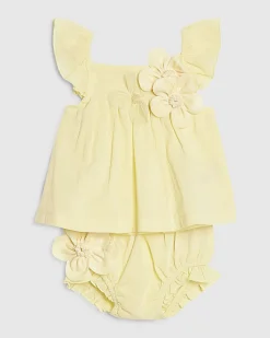 Baby Girls Yellow Smock 3D Flower Top Set