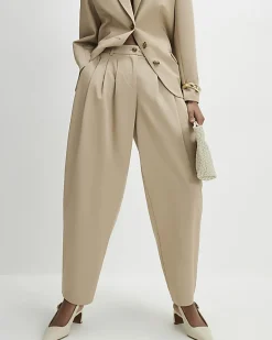 Beige Barrel Leg Tailored Trousers