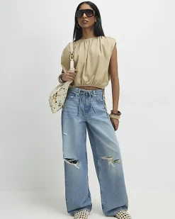Beige Bubble Hem T-Shirt