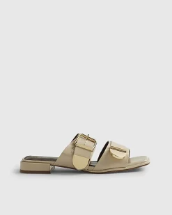 Beige Buckled Flat Sandals
