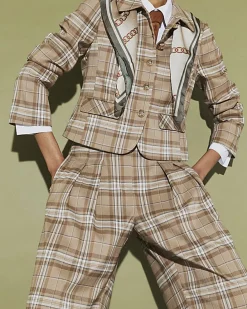 Beige Check Pleated Wide Leg Trousers