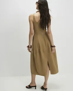 Beige Cotton Blend Cocoon Midi Dress