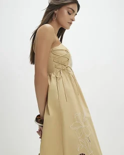 Beige Cotton Broderie Tie Side Midi Dress