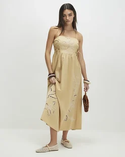 Beige Cotton Broderie Tie Side Midi Dress