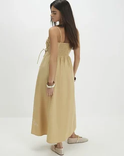 Beige Cotton Broderie Tie Side Midi Dress