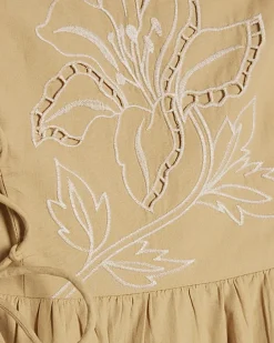Beige Cotton Broderie Tie Side Midi Dress
