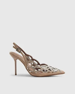 Beige Cut Out Embellished Court Heels