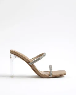 Beige Diamante Double Strap Heeled Mules