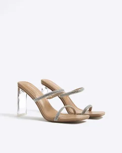 Beige Diamante Double Strap Heeled Mules