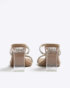 Beige Diamante Double Strap Heeled Mules