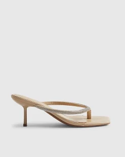 Beige Diamante Toe Thong Heeled Sandals