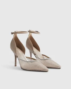 Beige Embellished Mesh Court Heels