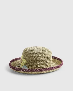 Beige Embroidered Floral Straw Bucket Hat