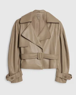 Beige Faux Leather Belted Trench Jacket
