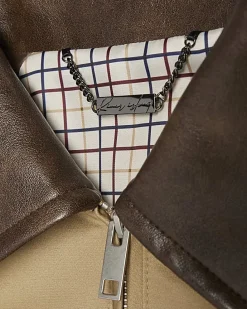 Beige Faux Leather Collared Harrington Jacket