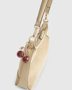 Beige Faux Suede Cherry Charm Shoulder Bag