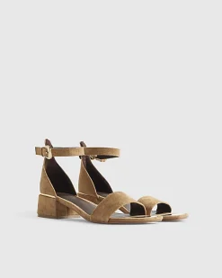 Beige Faux Suede Low Block Heel Sandals