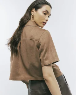 Beige Faux Suede Pocket Detail Shirt
