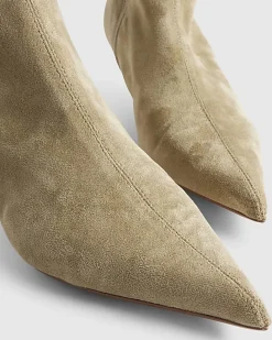 Beige Faux Suede Pointed Toe Sock Boots