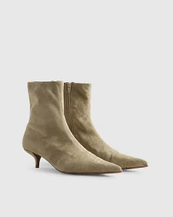 Beige Faux Suede Pointed Toe Sock Boots