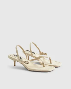 Beige Faux Suede Toe Thong Heeled Sandals