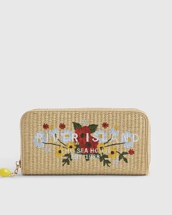 Beige Floral Embroidery Raffia Purse