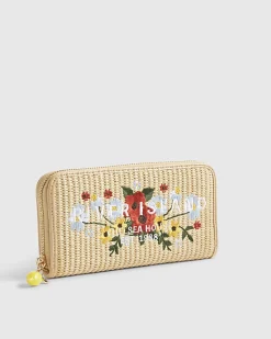 Beige Floral Embroidery Raffia Purse