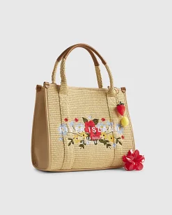 Beige Floral Embroidery Raffia Tote Bag