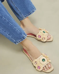 Beige Flower Raffia Flat Sandals