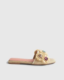 Beige Flower Raffia Flat Sandals