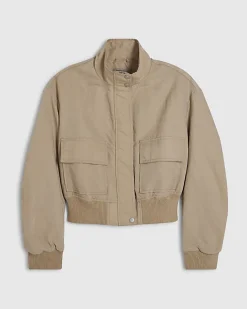 Beige Funnel Neck Bomber Jacket