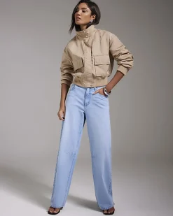 Beige Funnel Neck Bomber Jacket