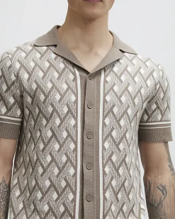 Beige Geometric Knitted Short Sleeve Shirt