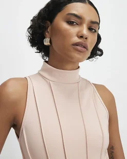 Beige High Neck Seam Trim Bodysuit