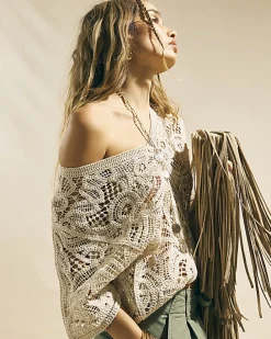 Beige Knitted Crochet Short Sleeve Cardigan