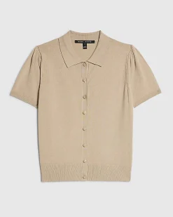 Beige Knitted Short Sleeve Polo Cardigan