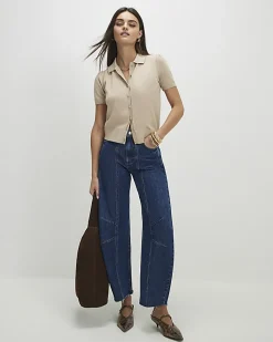 Beige Knitted Short Sleeve Polo Cardigan