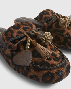 Beige Leather hair on Leopard Print Loafers