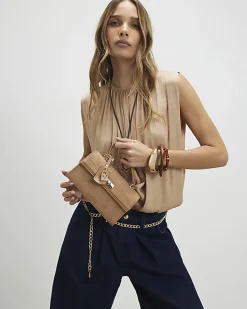 Beige Lock Front Tote Bag