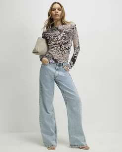 Beige Long Sleeve Boat Neck Spot Print Top