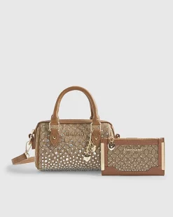 Beige Mini Diamante Bowler Bag And Purse