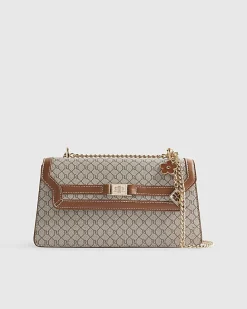 Beige Monogram Print Charm Shoulder Bag