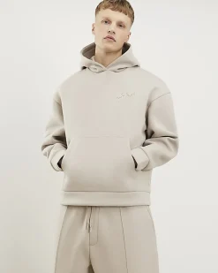 Beige Oversized Fit Script Graphic Hoodie