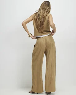 Beige Pinstripe Wide Leg Trousers