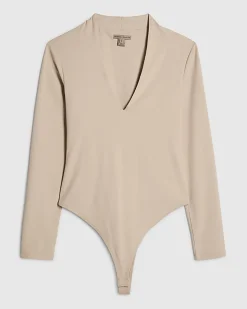Beige Plunge Neckline Long Sleeve Bodysuit