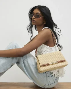 Beige Raffia Bar Front Shoulder Bag