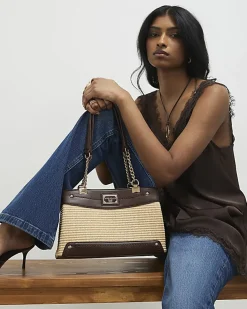 Beige Raffia Chain Handle Shoulder Bag